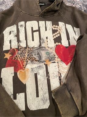 Brown Graphic Hoodie with Red Heart Detail
